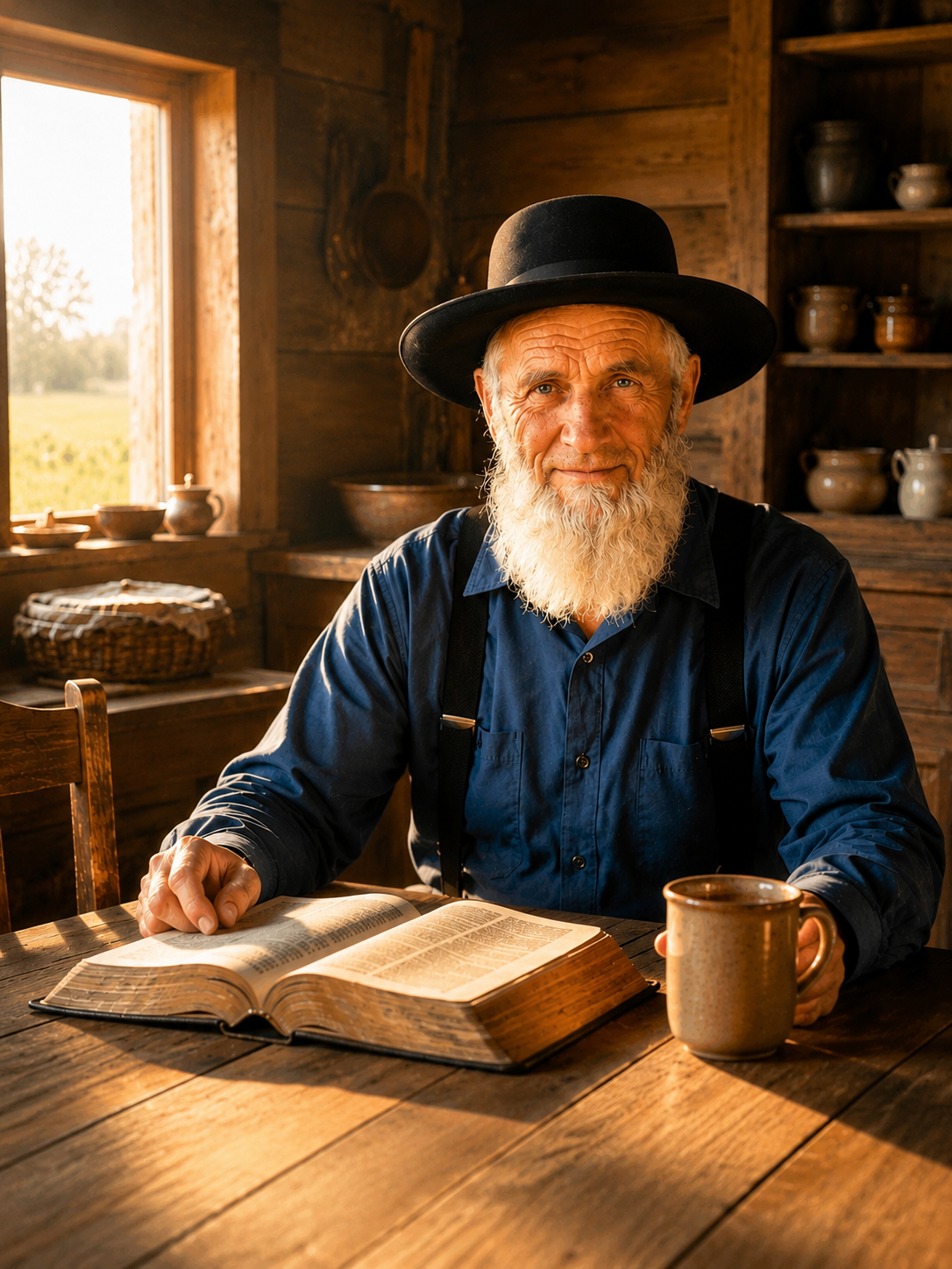 Portrait of The Elder, an Amish man in his seventies, in soft morning window light